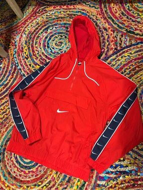 Nike Red Hooded Anorak Windbreaker with Navy Swoosh Tape